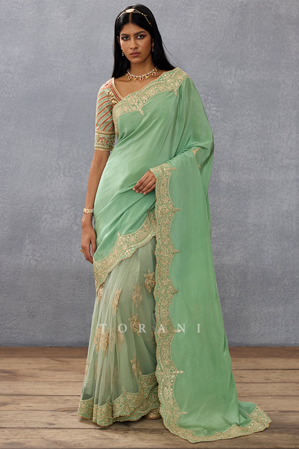 Tussar Silk Festive Wear Teal Green Saree With Contrast Blouse Design –  tapee.in