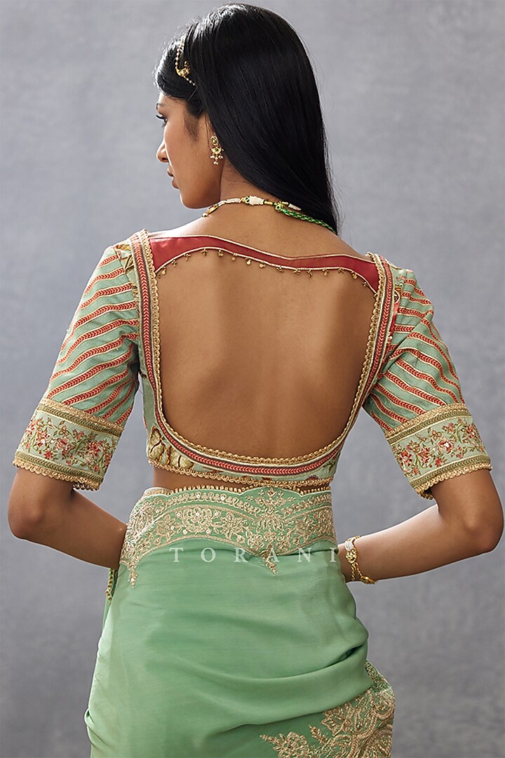 Green Slub Silk & Cotton Silk Embroidered Blouse by TORANI at Pernia's Pop Up Shop