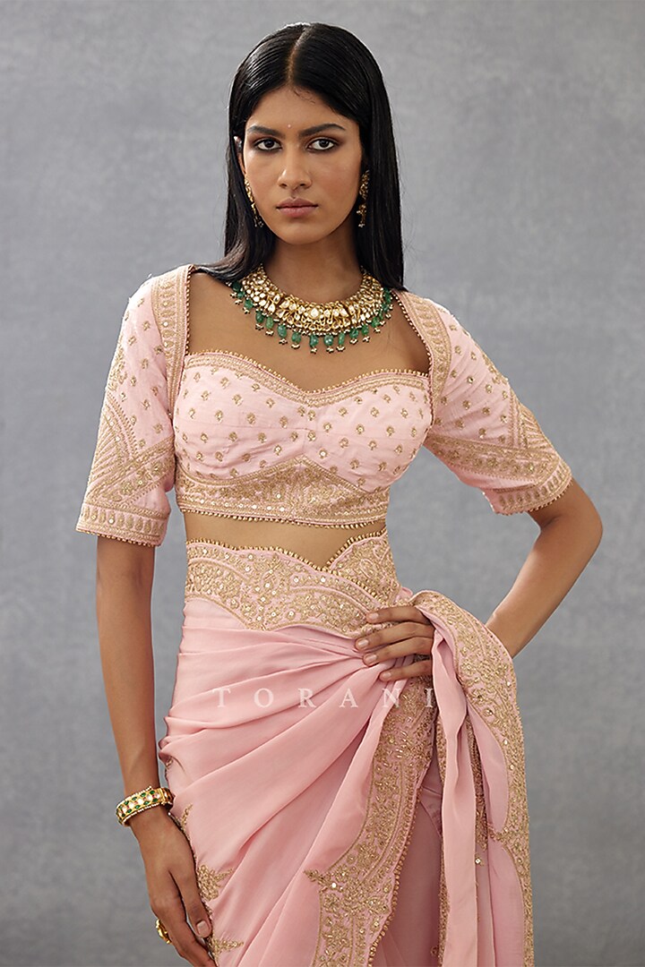Pink Slub Silk & Cotton Silk Embroidered Blouse by TORANI at Pernia's Pop Up Shop