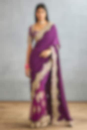 Violet Silk Crepe & Cotton Silk Embroidered Saree by TORANI at Pernia's Pop Up Shop