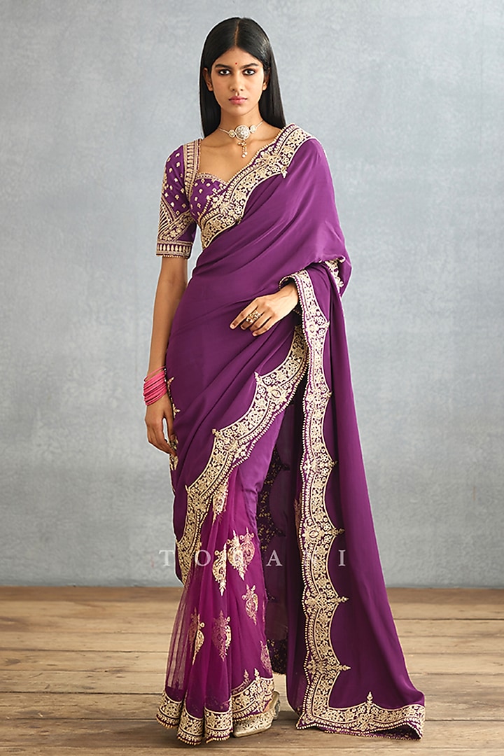 Violet Silk Crepe & Cotton Silk Embroidered Saree by TORANI at Pernia's Pop Up Shop