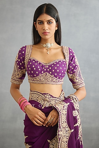 Violet Slub Silk & Cotton Silk Embroidered Blouse by TORANI