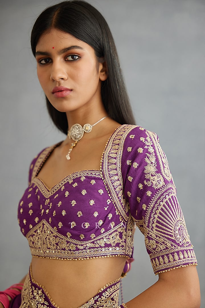 Violet Slub Silk & Cotton Silk Embroidered Blouse by TORANI at Pernia's Pop Up Shop