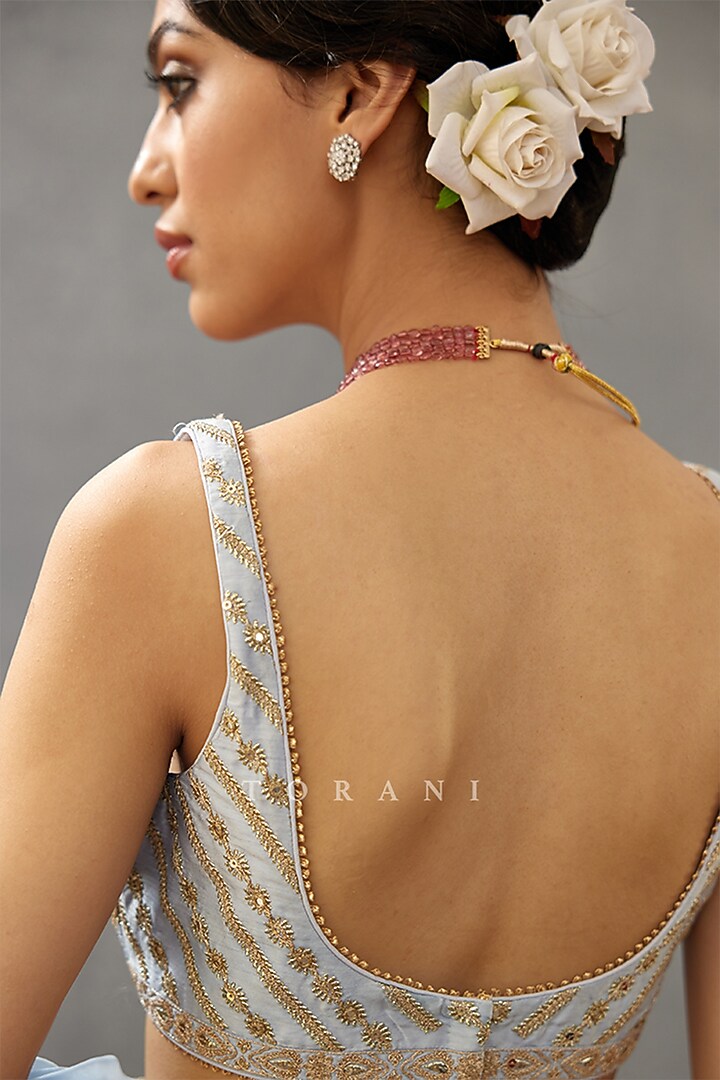 Blue Raw Silk & Cotton Silk Embroidered Blouse by TORANI at Pernia's Pop Up Shop