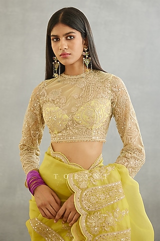 Yellow Raw Silk & Cotton Silk Embroidered Blouse by TORANI