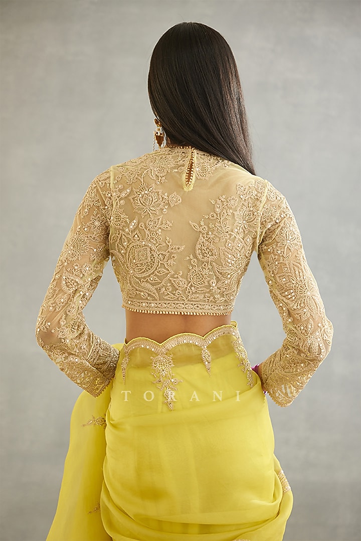 Yellow Raw Silk & Cotton Silk Embroidered Blouse by TORANI at Pernia's Pop Up Shop