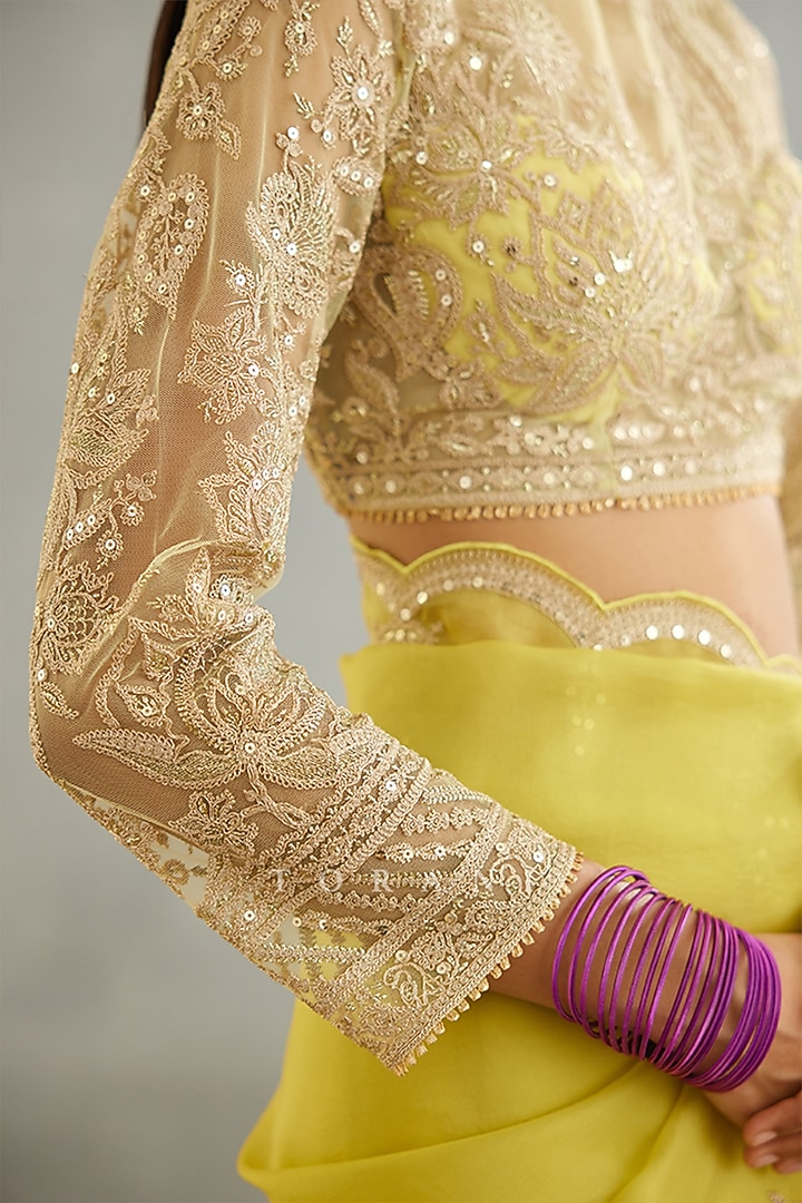 Yellow Raw Silk & Cotton Silk Embroidered Blouse by TORANI at Pernia's Pop Up Shop