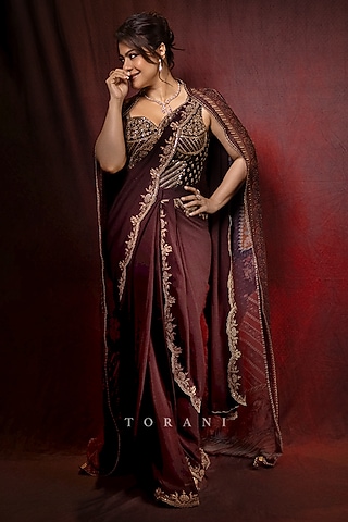 Maroon Georgette Pre-Draped Jacket Saree Set by TORANI