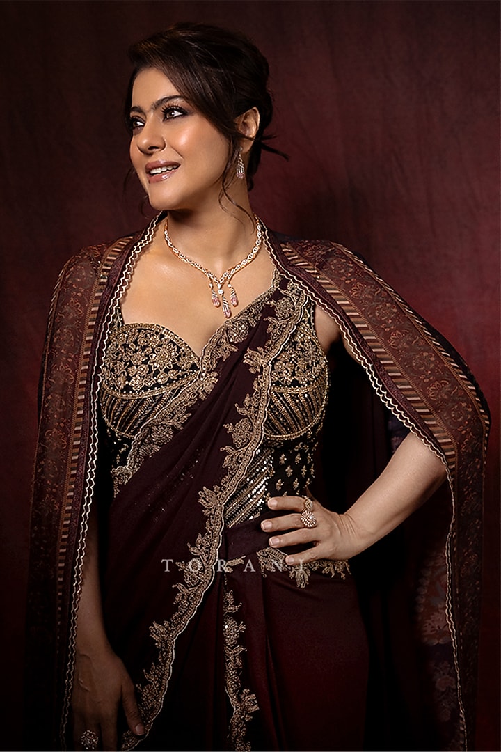 Maroon Georgette Pre-Draped Jacket Bridal Saree Set by TORANI at Pernia's Pop Up Shop