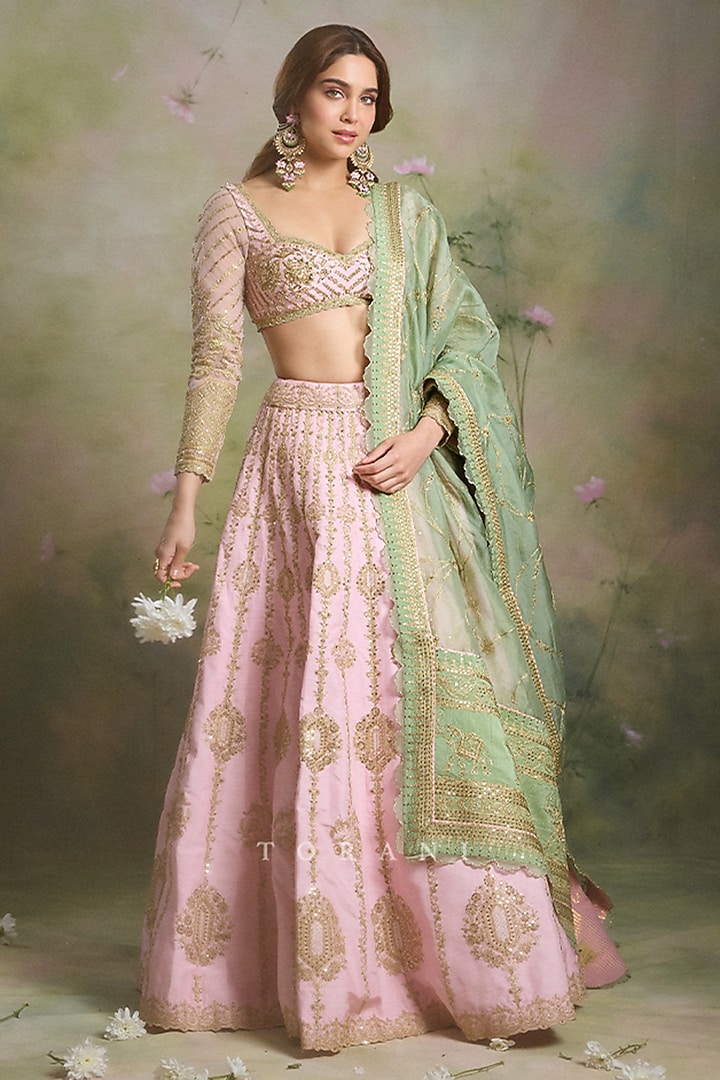 Pink Silk Embroidered Bridal Lehenga Set by TORANI at Pernia's Pop Up Shop