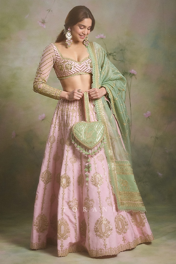 Pink Silk Embroidered Bridal Lehenga Set by TORANI at Pernia's Pop Up Shop