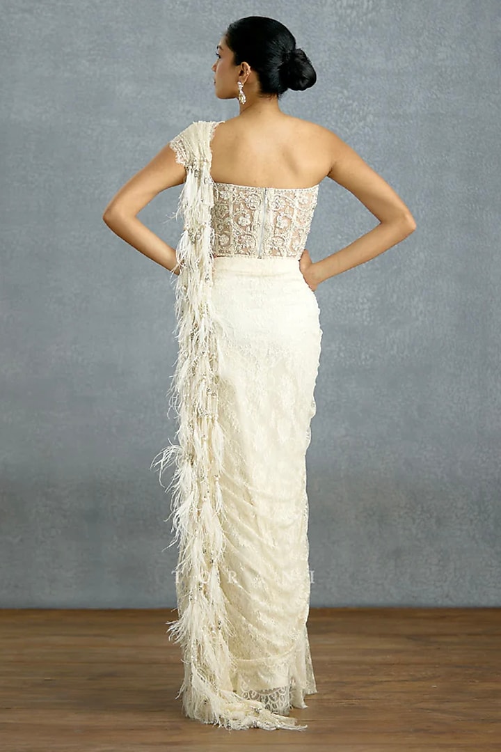 White Chantilly Lace Reception Saree by TORANI at Pernia's Pop Up Shop