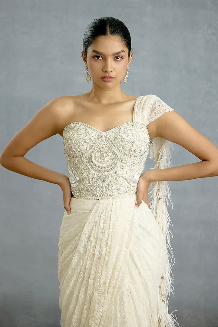 White Chantilly Lace Reception Saree by TORANI at Pernia's Pop Up Shop