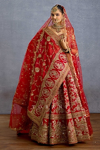 Red Silk Embroidered Bridal Lehenga Set by TORANI