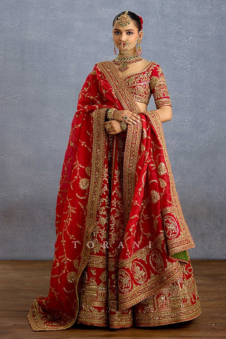 Red Silk Embroidered Bridal Bridal Lehenga Set by TORANI at Pernia's Pop Up Shop