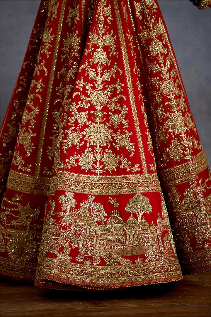 Red Silk Embroidered Bridal Bridal Lehenga Set by TORANI at Pernia's Pop Up Shop