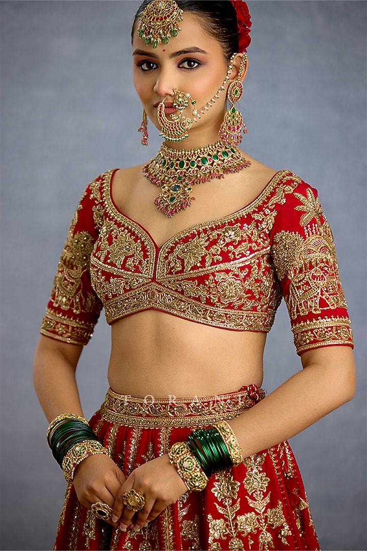 Red Silk Embroidered Bridal Bridal Lehenga Set by TORANI at Pernia's Pop Up Shop