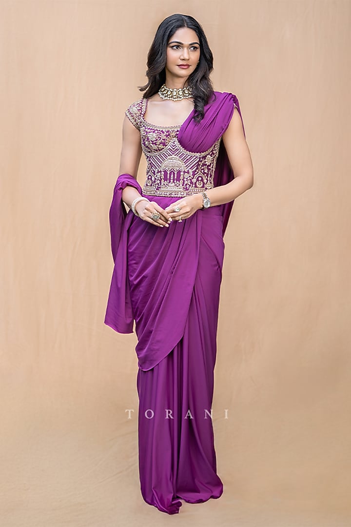Purple Jeni Silk Pre-Draped Reception Saree Set by TORANI at Pernia's Pop Up Shop