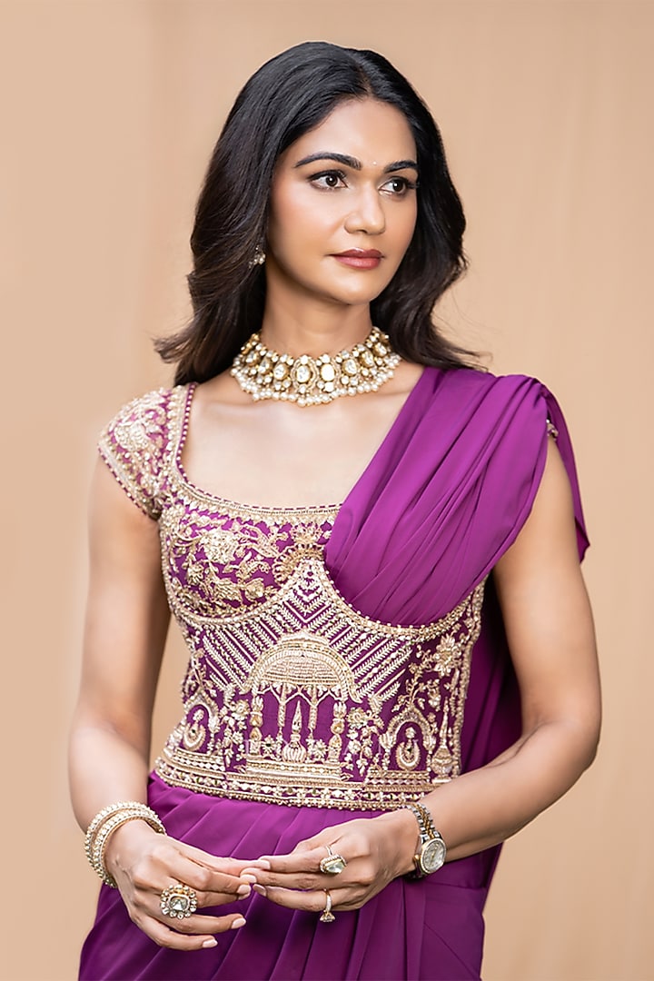 Purple Jeni Silk Pre-Draped Reception Saree Set by TORANI at Pernia's Pop Up Shop