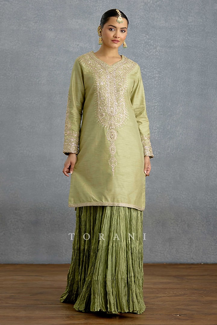Pista Green Silk & Organza Skirt Set by TORANI at Pernia's Pop Up Shop