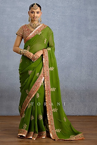 Green Organza Embroidered Saree by TORANI