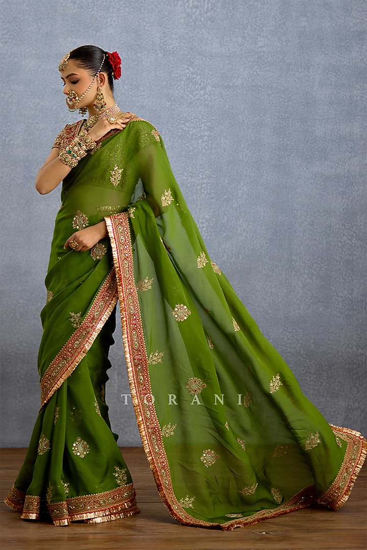 Green Organza Embroidered Reception Saree by TORANI at Pernia's Pop Up Shop