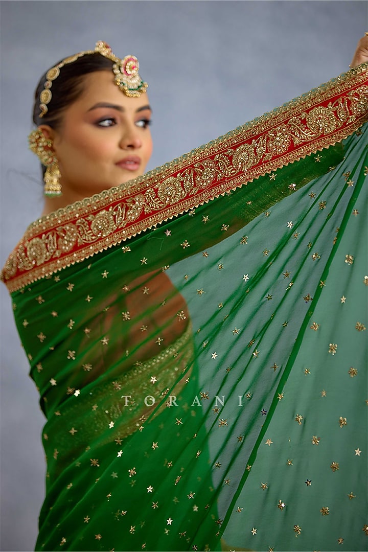 Green Organza Embroidered Reception Saree by TORANI at Pernia's Pop Up Shop
