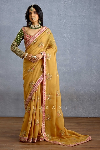 Yellow Organza Embroidered Saree by TORANI
