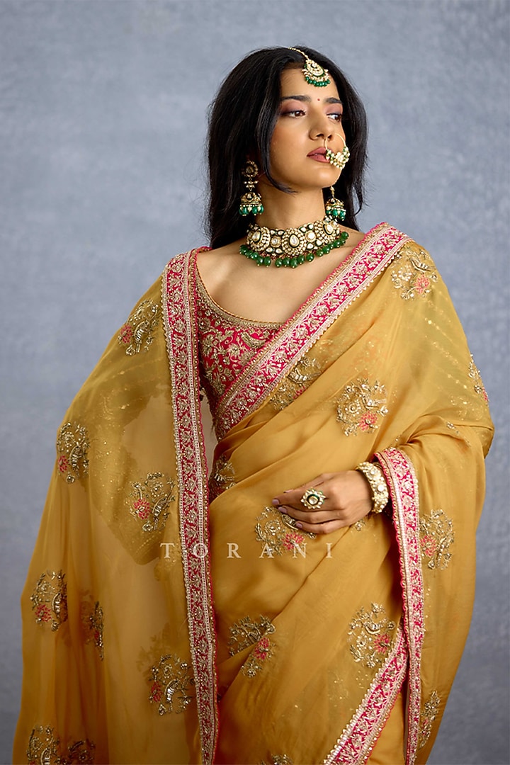 Yellow Organza Embroidered Reception Saree by TORANI at Pernia's Pop Up Shop