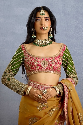 Green & Pink Jeni Silk Embroidered Blouse by TORANI
