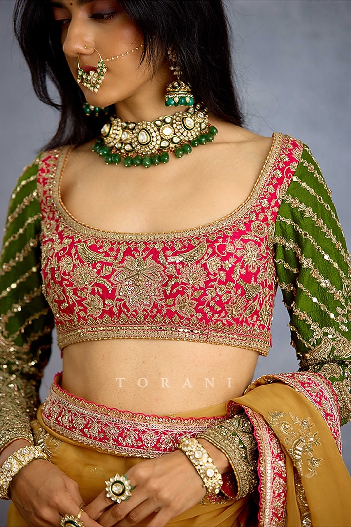 Green & Pink Jeni Silk Embroidered Blouse by TORANI at Pernia's Pop Up Shop