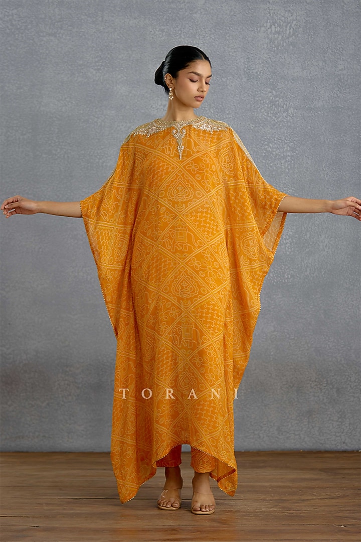 Yellow Georgette Embroidered Kaftan Set by TORANI at Pernia's Pop Up Shop
