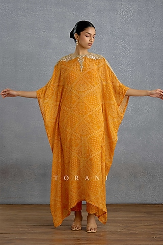 Yellow Georgette Embroidered Kaftan Set by TORANI