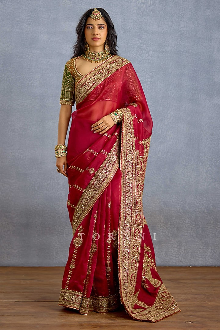 Maroon Silk Embroidered Bridal Saree by TORANI at Pernia's Pop Up Shop