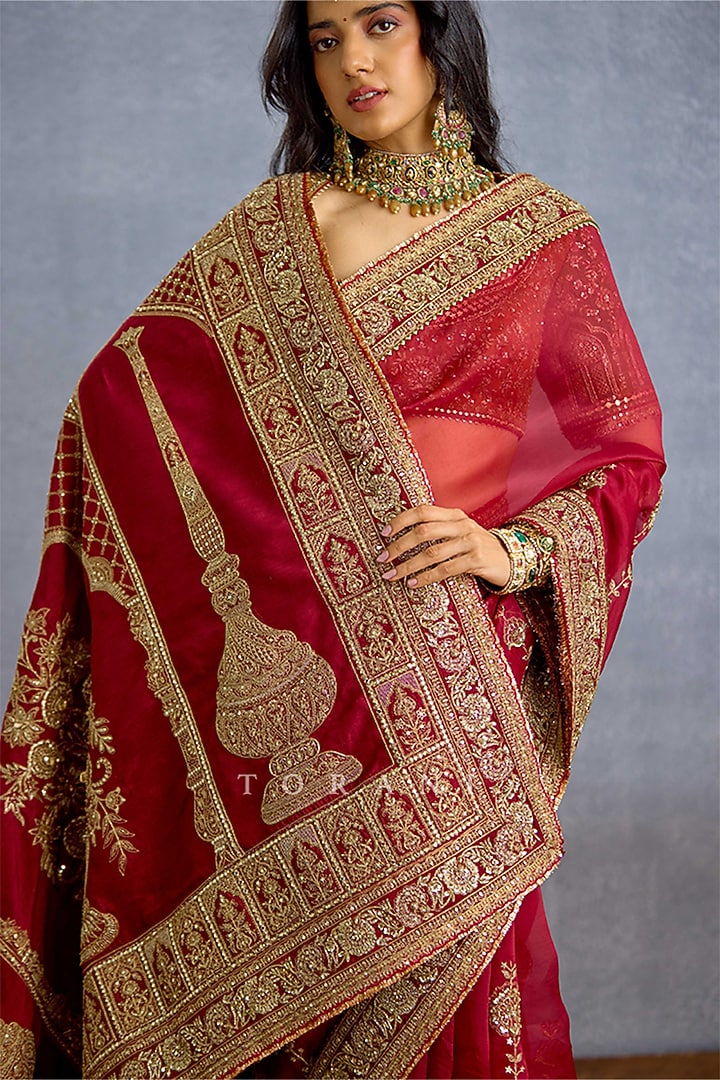 Maroon Silk Embroidered Bridal Saree by TORANI at Pernia's Pop Up Shop