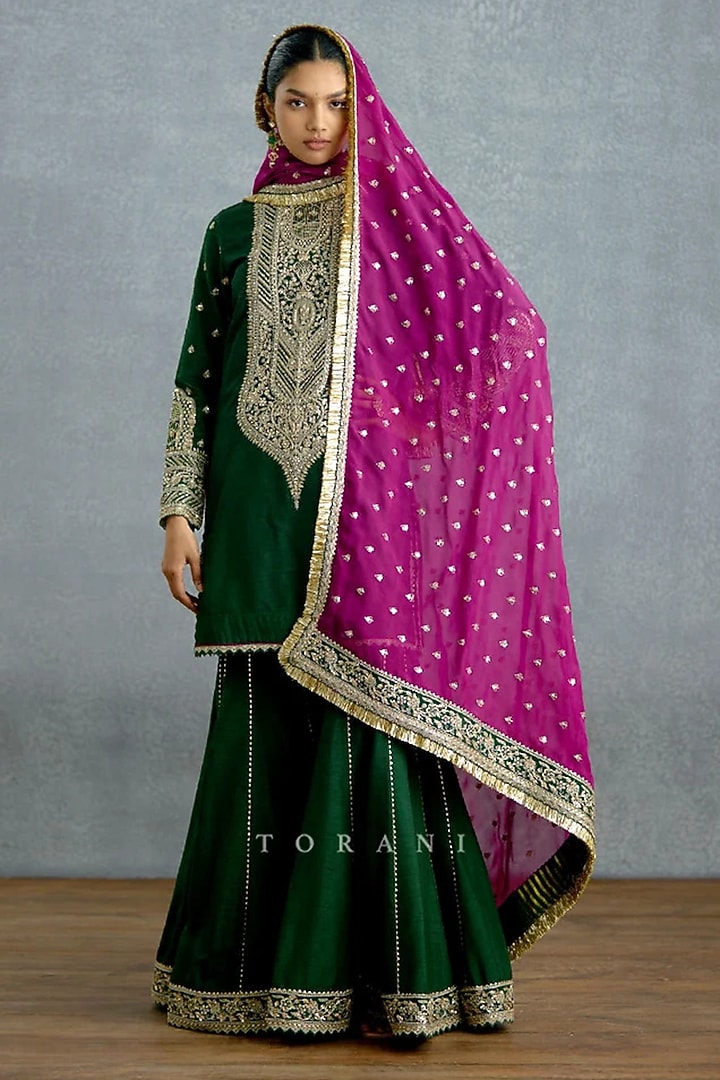 Green Jeni Silk Embroidered Wedding Sharara Set by TORANI at Pernia's Pop Up Shop