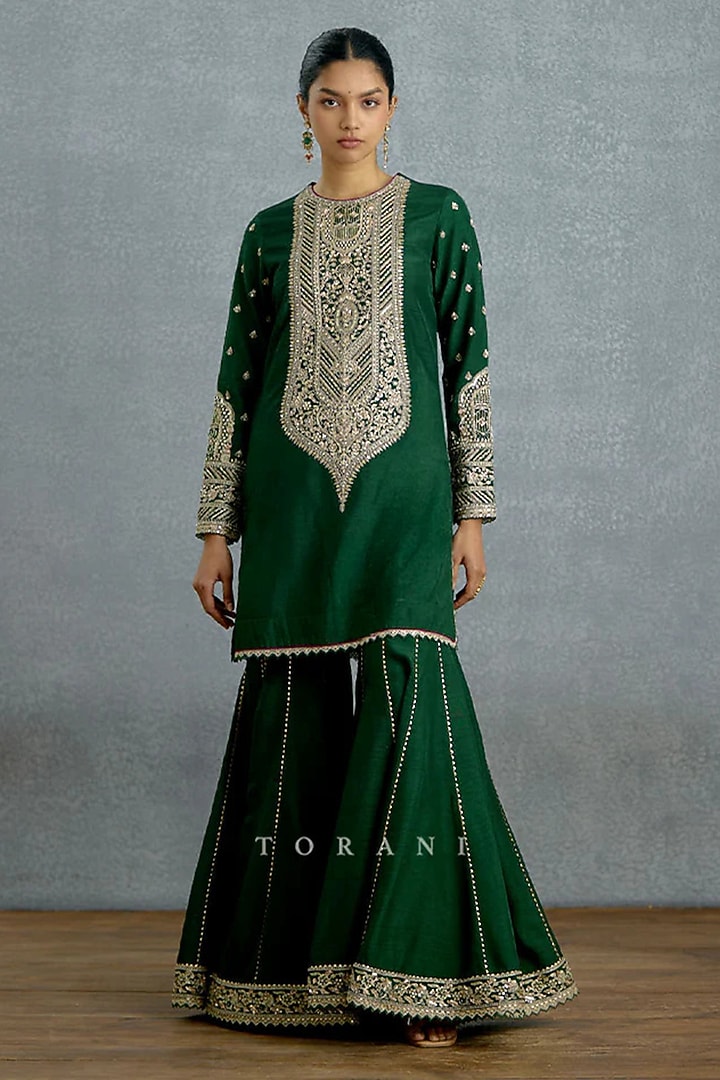 Green Jeni Silk Embroidered Wedding Sharara Set by TORANI at Pernia's Pop Up Shop