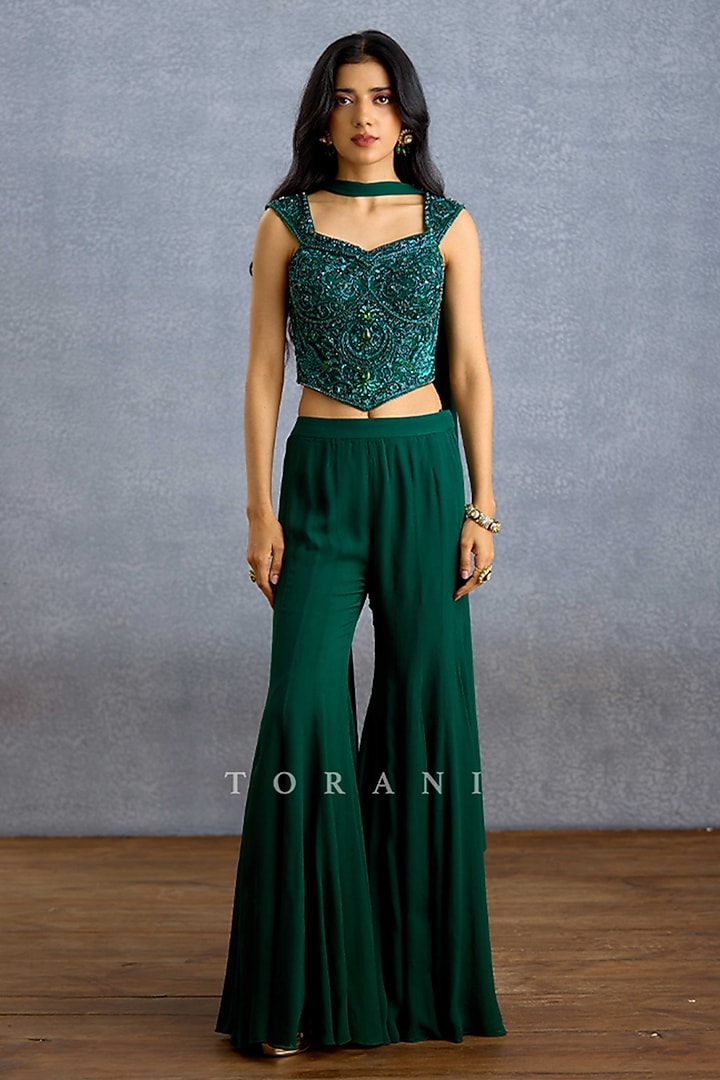 Green Net & Georgette Embroidered Co-Ord Set by TORANI at Pernia's Pop Up Shop