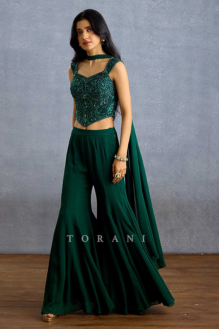 Green Net & Georgette Embroidered Co-Ord Set by TORANI at Pernia's Pop Up Shop