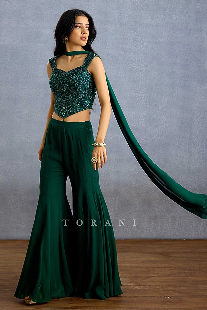 Green Net & Georgette Embroidered Co-Ord Set by TORANI at Pernia's Pop Up Shop
