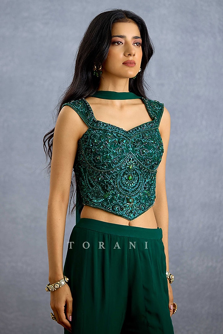 Green Net & Georgette Embroidered Co-Ord Set by TORANI at Pernia's Pop Up Shop