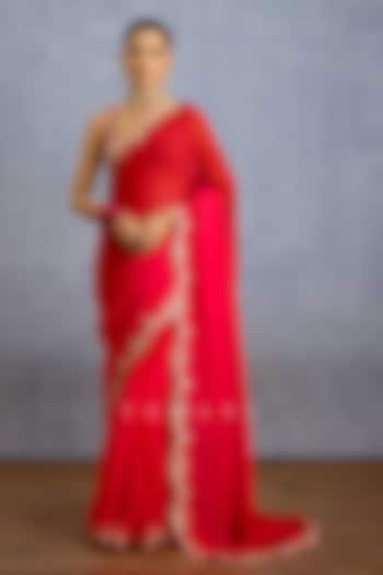 Hot Pink & Red Organza Embroidered Wedding Saree by TORANI at Pernia's Pop Up Shop