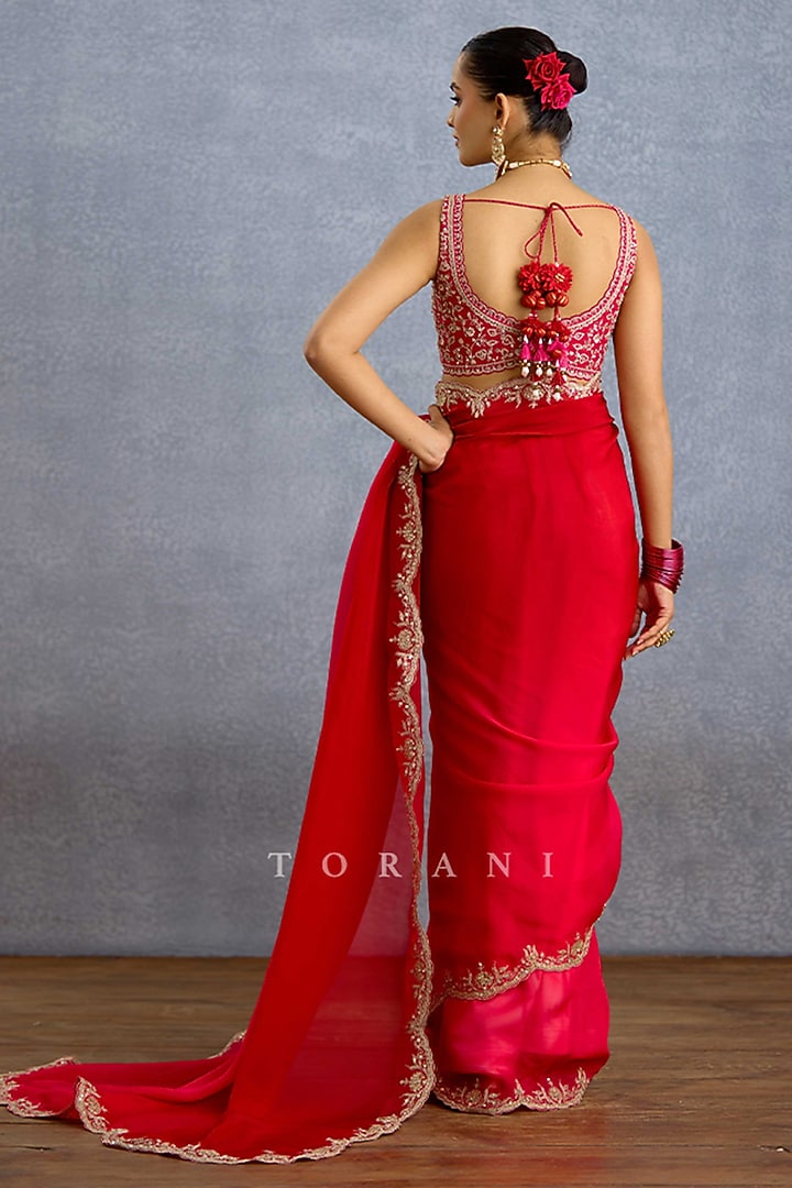 Hot Pink & Red Organza Embroidered Wedding Saree by TORANI at Pernia's Pop Up Shop