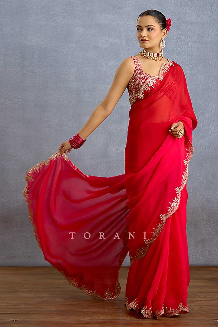 Hot Pink & Red Organza Embroidered Wedding Saree by TORANI at Pernia's Pop Up Shop