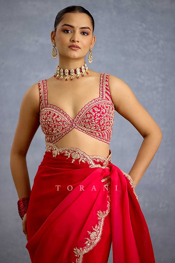 Hot Pink & Red Organza Embroidered Wedding Saree by TORANI at Pernia's Pop Up Shop