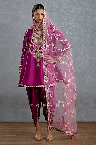 Purple & Pink Jeni Silk Hand Embroidered Short Kurta Set by TORANI