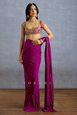 Purple Net Hand Embroidered Blouse by TORANI