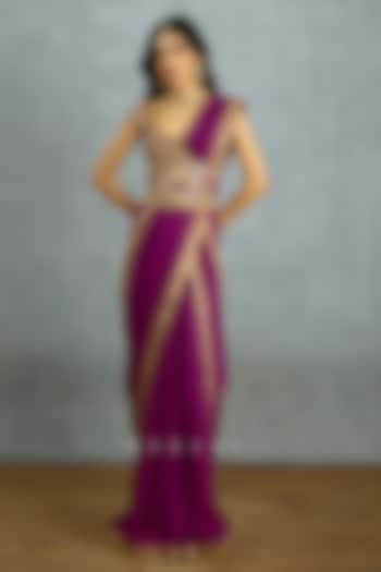 Purple Jeni Silk & Lycra Pre-Draped Reception Saree Set by TORANI at Pernia's Pop Up Shop