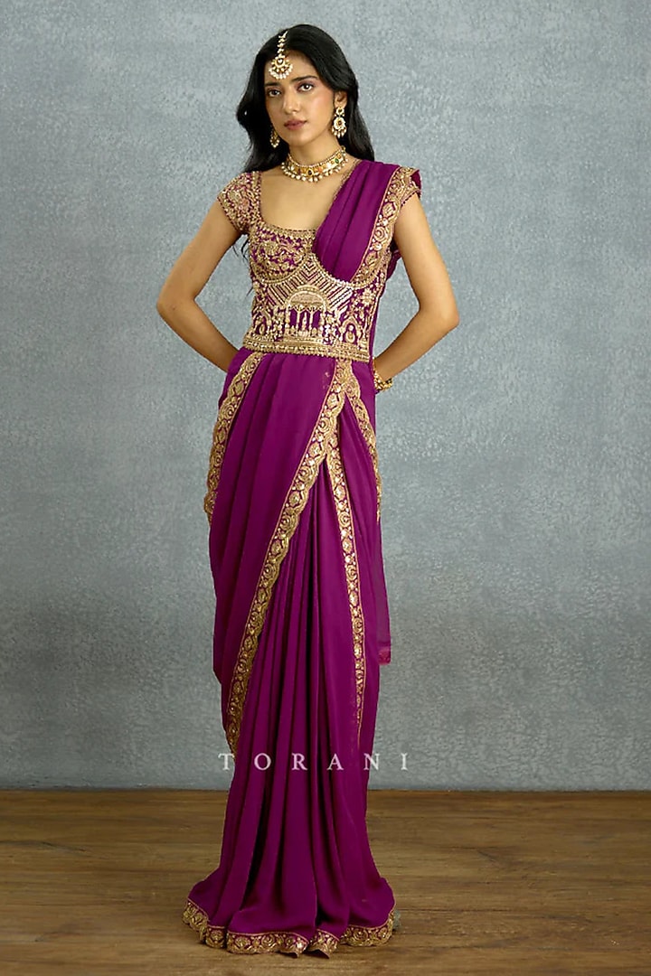 Purple Jeni Silk & Lycra Pre-Draped Reception Saree Set by TORANI at Pernia's Pop Up Shop
