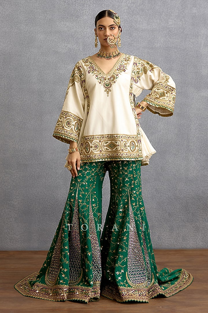 Green & Purple Cotton Voile Motif Embroidered Bridal Sharara Set by TORANI at Pernia's Pop Up Shop